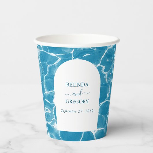 Moderne Waterverf Blue Ocean Beach bruiloft Papieren Bekers (Achterkant)