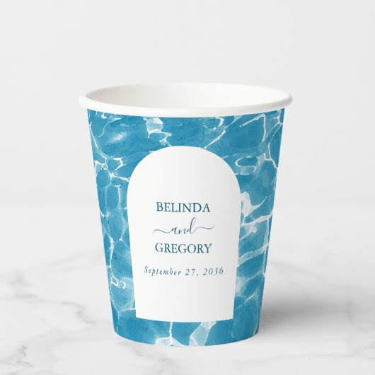 Moderne Waterverf Blue Ocean Beach bruiloft Papieren Bekers (Voorkant)