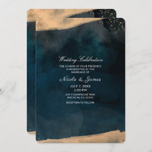 Moderne Waterverf Blue & Peach Coral Chic Wedding Kaart