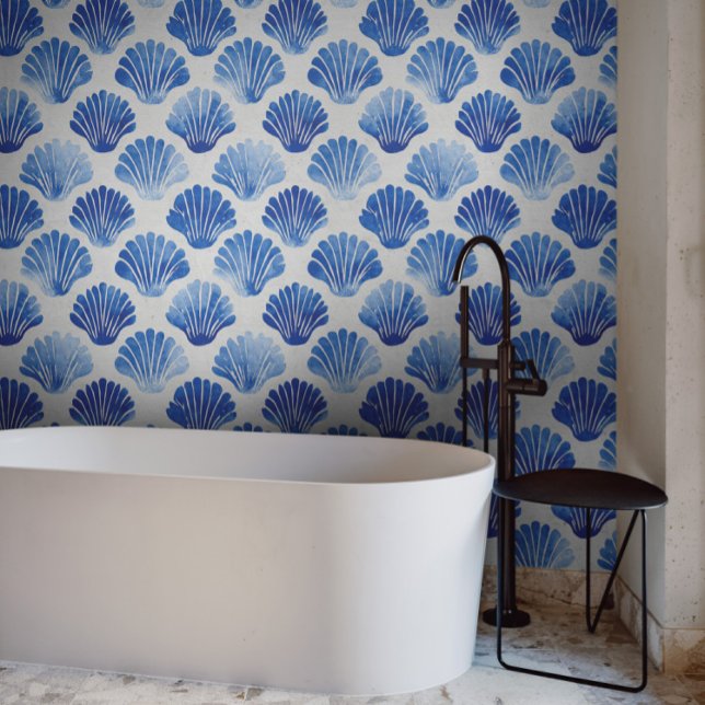 Moderne Waterverf Blue Seashells Costal Decor Behang (Bring oceanic serenity to your bathroom with this modern coastal wallpaper.)