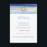 Moderne Waterverf Blue Star BAR MITZVAH RSVP Informatiekaartje<br><div class="desc">Mooie religieuze Joodse Bar Mitzvah RSVP-uitnodigingskaarten. Moderne, maar elegante waterverf in blauw penseellijnkleuren, licht tot blauw. Gold Star van David in het midden met faux gouden folie penseelstreek. Moderne scriptletters. 'Wordt naar de TORAH geroepen als een Bar Mitzvah'. Voorlopig voor 13-jarige zoon, jongen. Eenvoudig te bewerken - voeg alleen uw...</div>