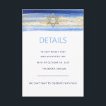 Moderne Waterverf Blue Star BAR MITZVAH RSVP Informatiekaartje<br><div class="desc">Mooie religieuze Joodse Bar Mitzvah RSVP-uitnodigingskaarten. Moderne, maar elegante waterverf in blauw penseellijnkleuren, licht tot blauw. Gold Star van David in het midden met faux gouden folie penseelstreek. Moderne scriptletters. 'Wordt naar de TORAH geroepen als een Bar Mitzvah'. Voorlopig voor 13-jarige zoon, jongen. Eenvoudig te bewerken - voeg alleen uw...</div>