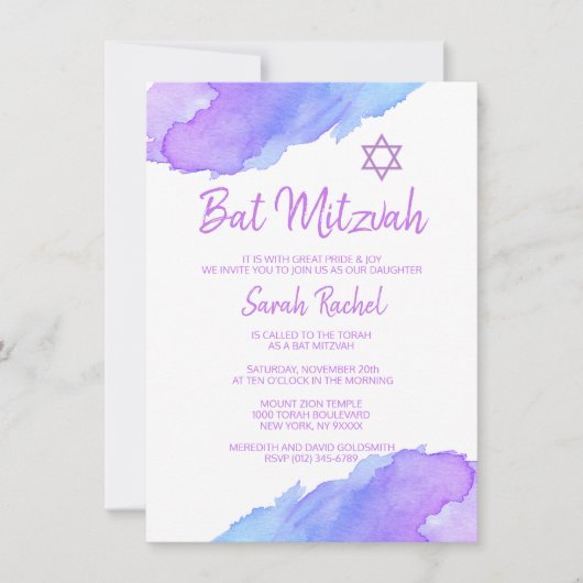 Moderne Waterverf Blue Star Bat Mitzvah #LC Kaart (Voorkant)
