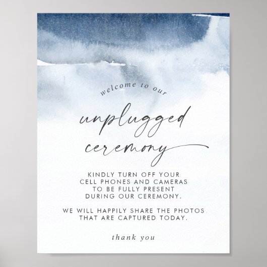 Moderne Waterverf | Blue Unplugged Ceremony Sign Poster (Voorkant)