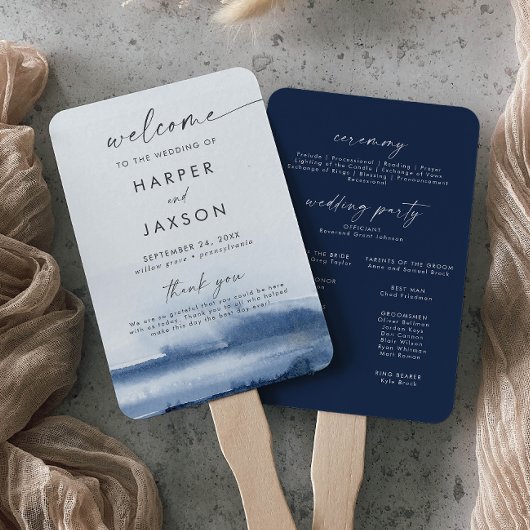 Moderne Waterverf | Blue Wedding Programme Hand Fa Handwaaier