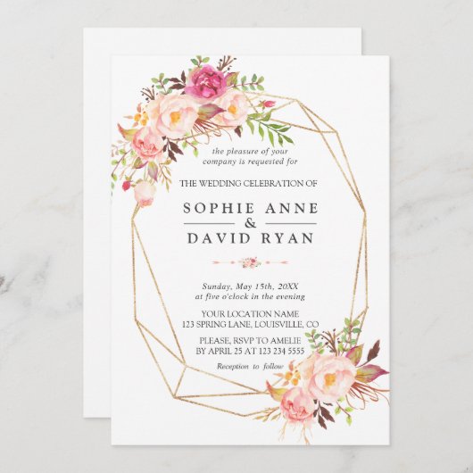 Moderne Waterverf Blush Bloemen Gouden Bruiloft Kaart (Voorkant / Achterkant)