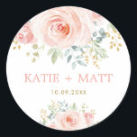 Moderne Waterverf Blush Pink Floral Wedding Favors Ronde Sticker<br><div class="desc">Dit vrouwelijke ontwerp is voorzien van prachtige waterverf blauw roze rozen met gouden bladaccenten</div>