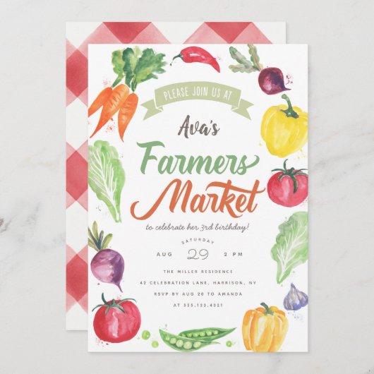 Moderne Waterverf boerenmarkt: Birthday Party Kaart (Voorkant / Achterkant)