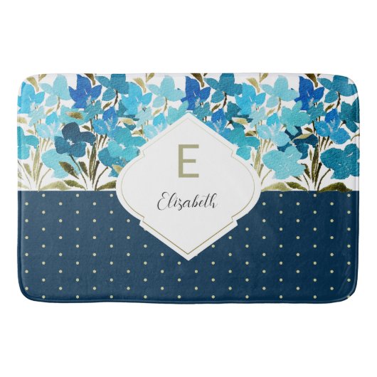 Moderne Waterverf Boho Blue Flural Handbeschilderd Badmat (Voorkant)