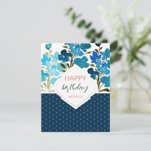 Moderne Waterverf Boho Blue Flural Handbeschilderd Kaart (Staand voorkant)