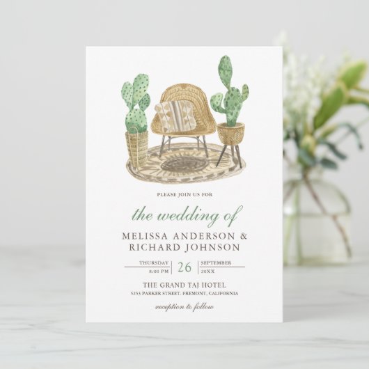 Moderne Waterverf Boho Cactus Wedding Kaart (Staand voorkant)