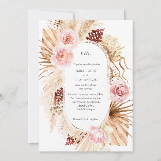Moderne Waterverf Boho Pampas Flowers Wedding Kaart (Voorkant)