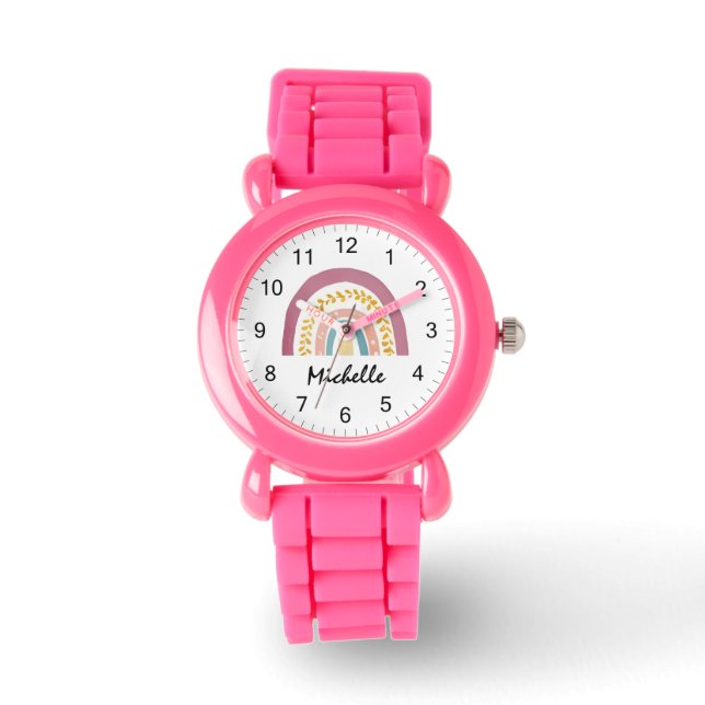Moderne Waterverf Boho Rainbow Custom Meisjes Scha Horloge (Voorkant)