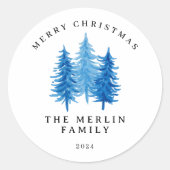 Moderne Waterverf Bomen Vrolijk Kerstfeest Ronde Sticker (Voorkant)