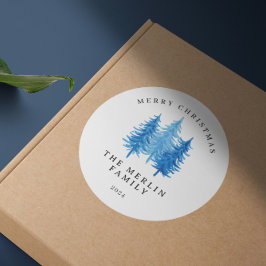 Moderne Waterverf Bomen Vrolijk Kerstfeest Ronde Sticker