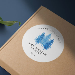 Moderne Waterverf Bomen Vrolijk Kerstfeest Ronde Sticker