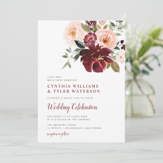 Moderne waterverf bordeauxroze & blos roze bloemen kaart (Staand voorkant)