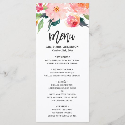 Moderne Waterverf Botanische Floral Wedding Menu (Voorkant)
