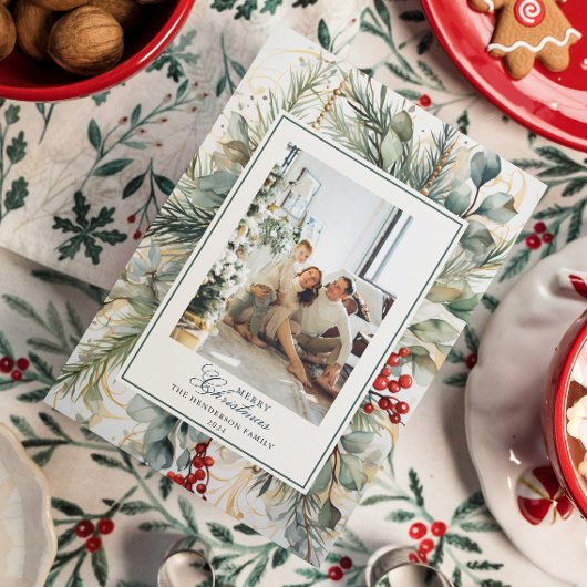 Moderne Waterverf Botanische Kerstfoto Feestdagenkaart