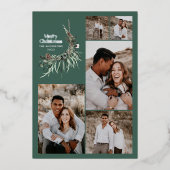 Moderne waterverf botanische multi-fotoregroen folie feestdagenkaart (Voorkant)