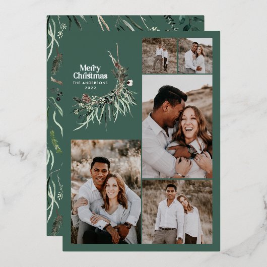 Moderne waterverf botanische multi-fotoregroen folie feestdagenkaart (Voorkant / Achterkant)