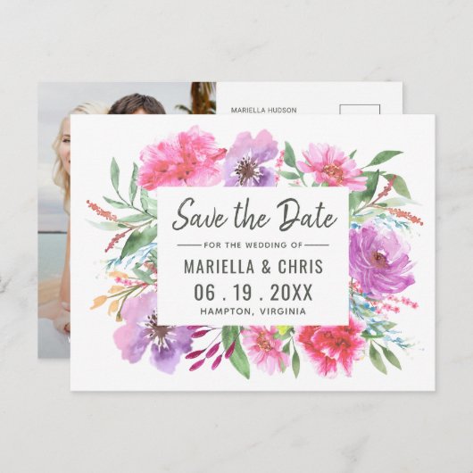 Moderne Waterverf bruiloft sparen Datum met Foto Aankondigingskaart (Voorkant / Achterkant)