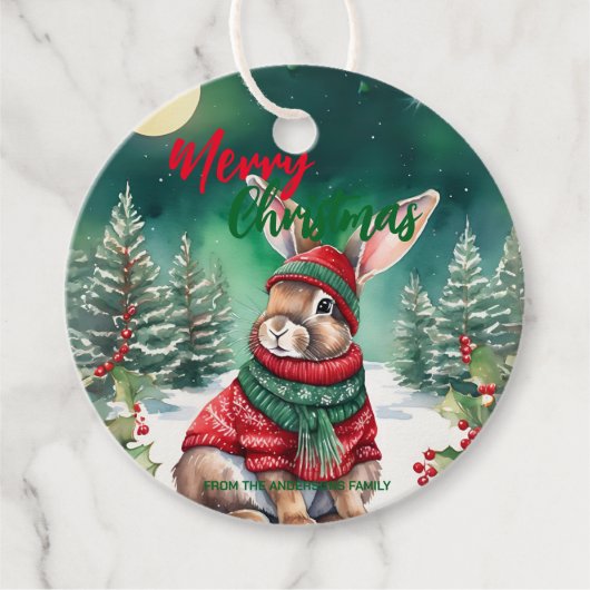 Moderne waterverf Bunny Rabbit Kerstboom Sneeuw Bedankjes Labels (Voorkant)