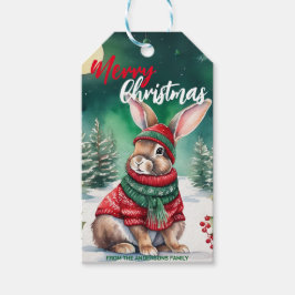 Moderne waterverf Bunny Rabbit Kerstboom Sneeuw Cadeaulabel