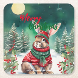 Moderne waterverf Bunny Rabbit Kerstboom Sneeuw Kartonnen Onderzetters