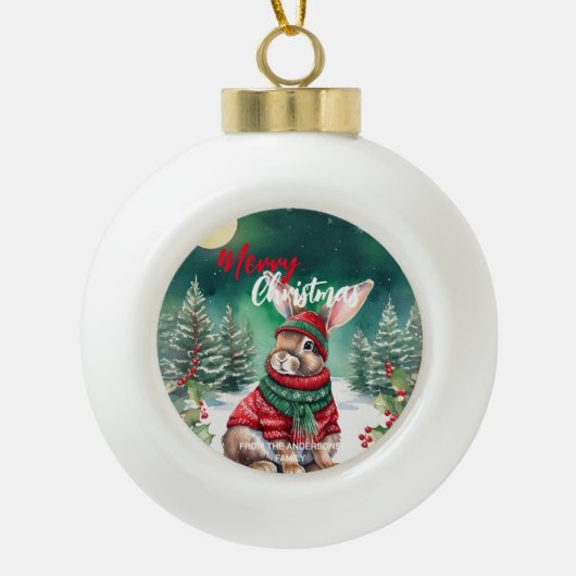 Moderne waterverf Bunny Rabbit Kerstboom Sneeuw Keramische Bal Ornament (Voorkant)