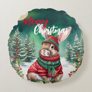 Moderne waterverf Bunny Rabbit Kerstboom Sneeuw Rond Kussen