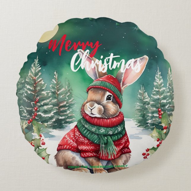 Moderne waterverf Bunny Rabbit Kerstboom Sneeuw Rond Kussen (Voorkant)
