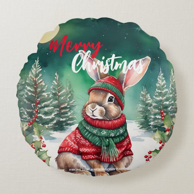 Moderne waterverf Bunny Rabbit Kerstboom Sneeuw Rond Kussen (Voorkant)