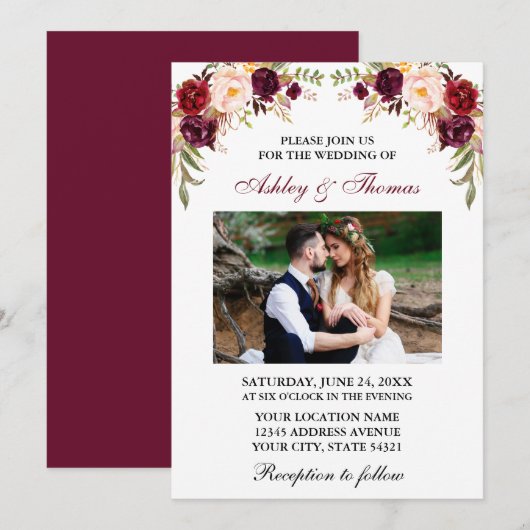 Moderne Waterverf Burgundy Floral Foto bruiloft Kaart (Voorkant / Achterkant)