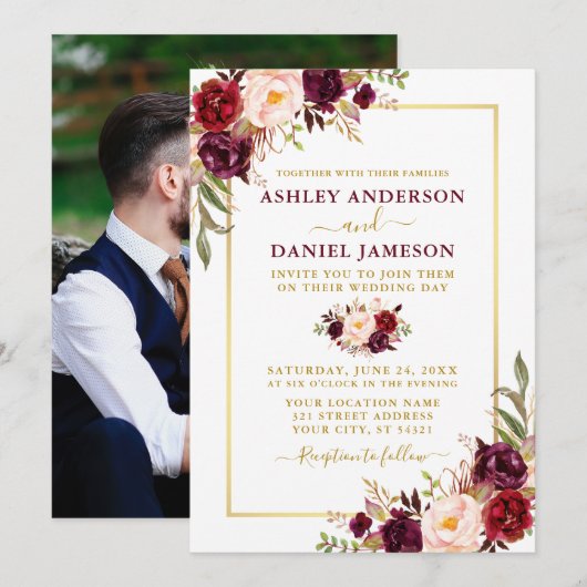 Moderne Waterverf Burgundy Floral Foto bruiloft Kaart (Voorkant / Achterkant)