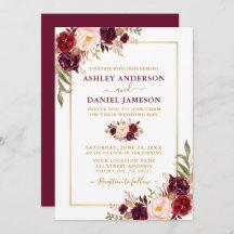 Moderne Waterverf Burgundy Floral Gold Wedding