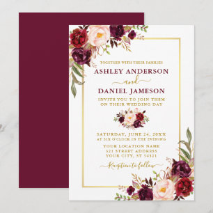 Moderne Waterverf Burgundy Floral Gold Wedding Kaart