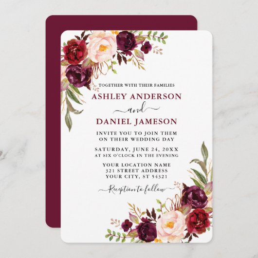 Moderne Waterverf Burgundy Floral Greenery Wedding Kaart (Voorkant / Achterkant)