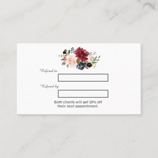 Moderne Waterverf Burgundy Floral Makeup Artist Aanbevelingskaartje (Achterkant)