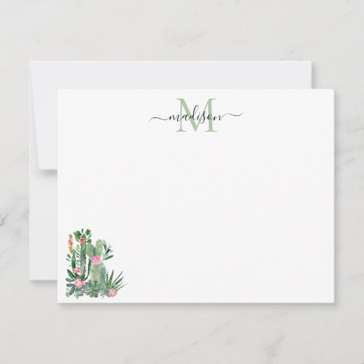 Moderne Waterverf Cactus Floral Desert Monogram Notitiekaartje (Voorkant)