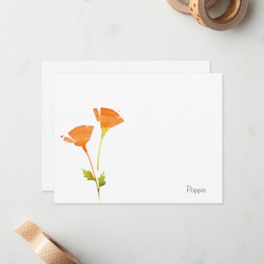 Moderne Waterverf California Poppies Note Card Notitiekaartje (Voorkant / Achterkant in situ)