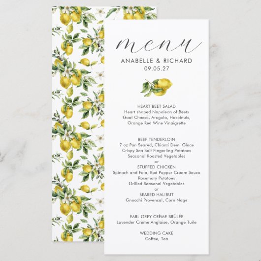 Moderne Waterverf citroen Citrus bruiloft Menu (Voorkant / Achterkant)