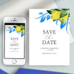 Moderne Waterverf Citroen Mediterraan Save The Date<br><div class="desc">Kondig uw verloving aan met deze moderne bewaarkaart. Het bevat een mix van klassieke en scripttypografie met een boarder van mijn originele waterverf gele citroenen met blauwe versieringen op een heldere witte achtergrond. Gebruik de sjabloon velden om te personaliseren met jouw naam en trouwdatum. Kies uit een verscheidenheid aan kwaliteitskaartvoorraden....</div>