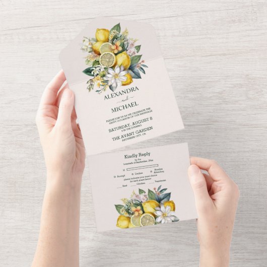 Moderne Waterverf Citrus Lemon Wedding All In One Uitnodiging (Afscheurbaar)