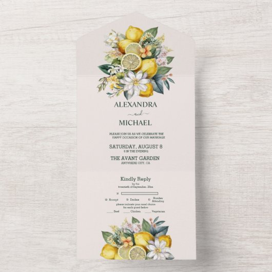 Moderne Waterverf Citrus Lemon Wedding All In One Uitnodiging (Binnen)