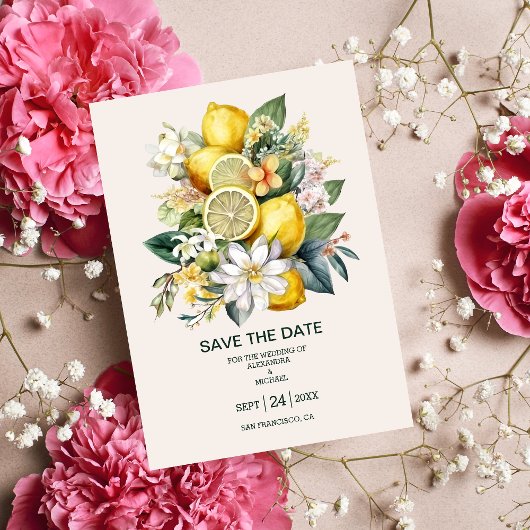 Moderne Waterverf Citrus Lemon Wedding Save The Date