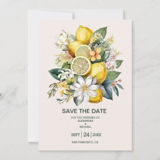 Moderne Waterverf Citrus Lemon Wedding Save The Date (Voorkant)