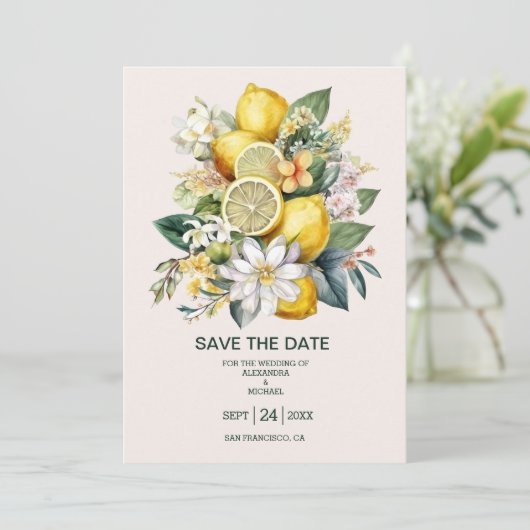 Moderne Waterverf Citrus Lemon Wedding Save The Date (Staand voorkant)