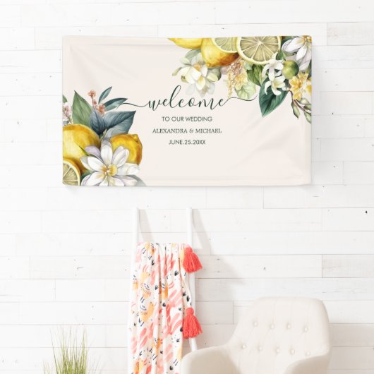 Moderne Waterverf Citrus Lemon Wedding Spandoek (Insitu)