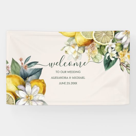 Moderne Waterverf Citrus Lemon Wedding Spandoek (Horizontaal)